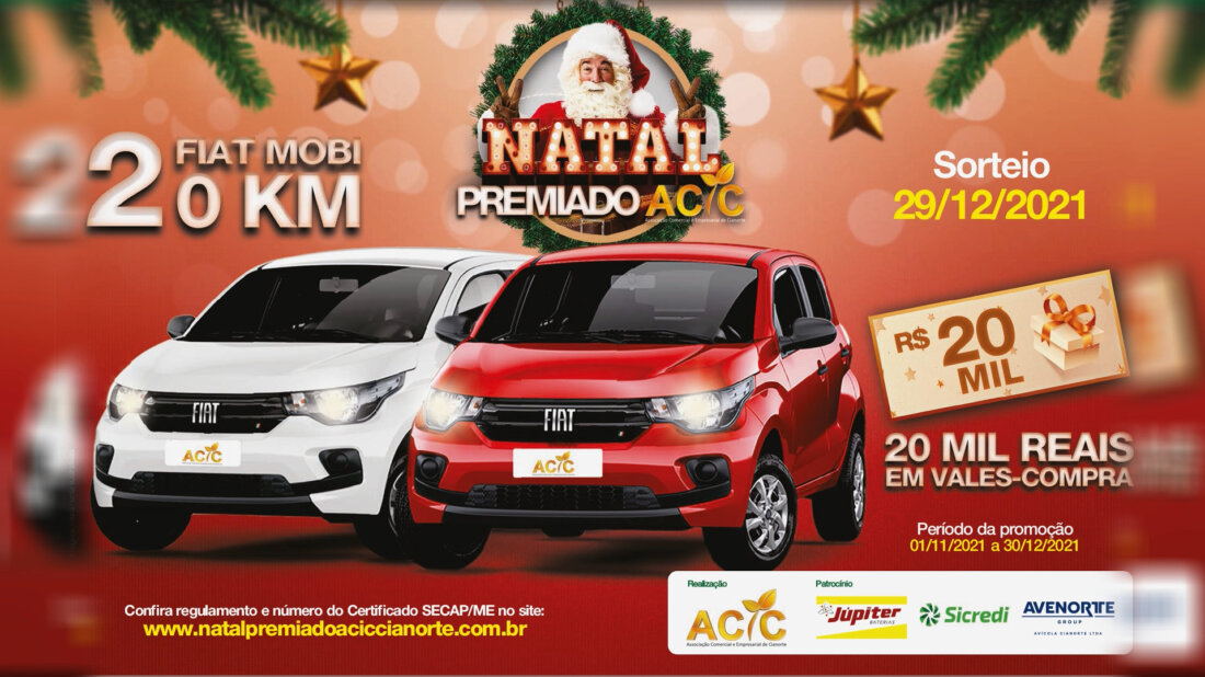 Dois Carros 0 Km na Promoção Natal Premiado da ACIC