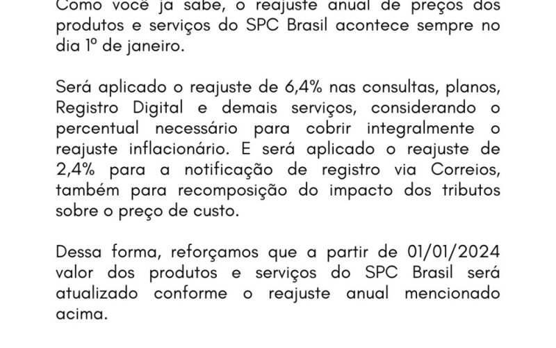 Atualização de Preços: Reajuste Anual de 6,4% nas Consultas e Serviços do SPC Brasil a partir de 01/01/2024 28