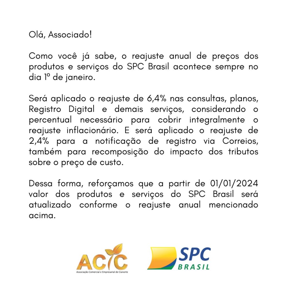 Atualização de Preços: Reajuste Anual de 6,4% nas Consultas e Serviços do SPC Brasil a partir de 01/01/2024 2